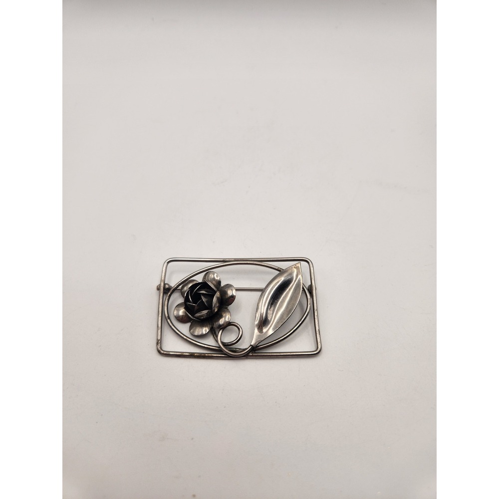 Vintage Sterling Silver Rose and‎ Leaf Rectangular Frame Brooch Pin 925 Antique